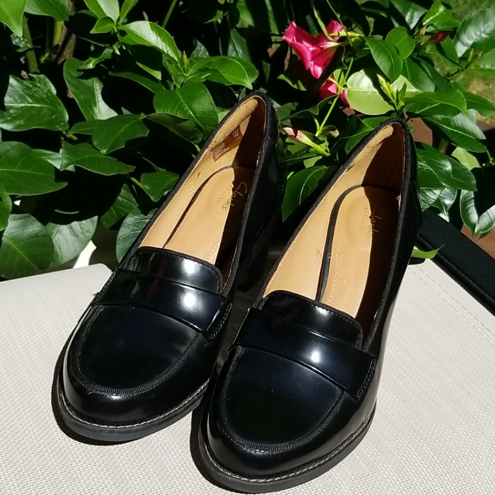 Clarks Black Heeled Loafers